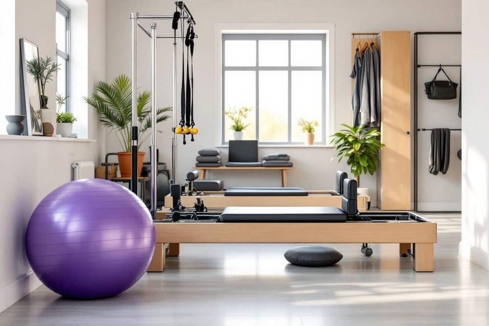 centro pilates luminoso balon morado equipamiento moderno