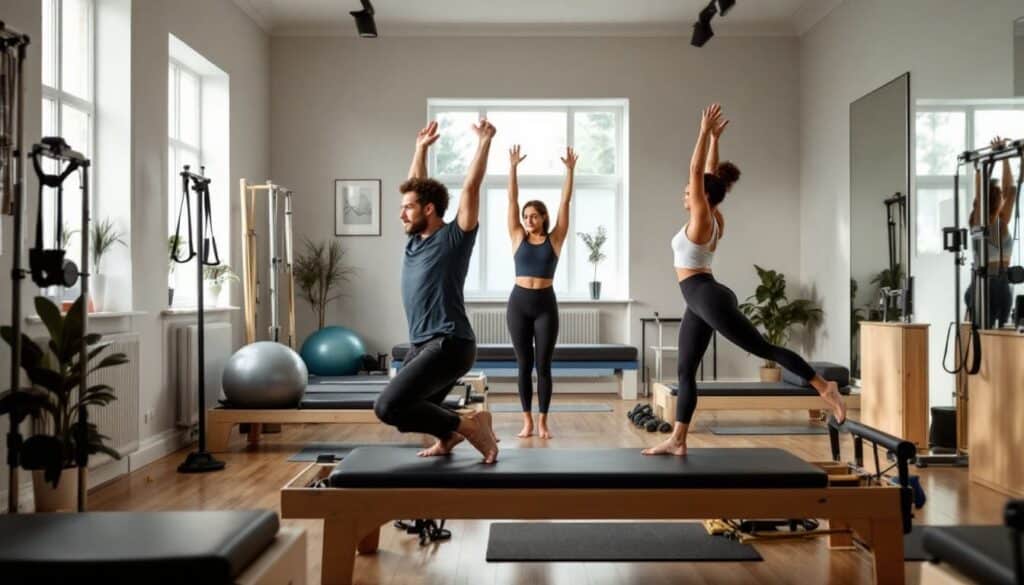 clase pilates grupo mujeres salon luminoso entrenamiento