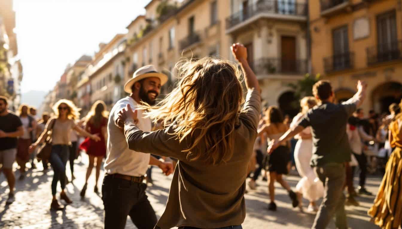 grupo de personas bailando en calle con musica y celebracion popular al atardecer