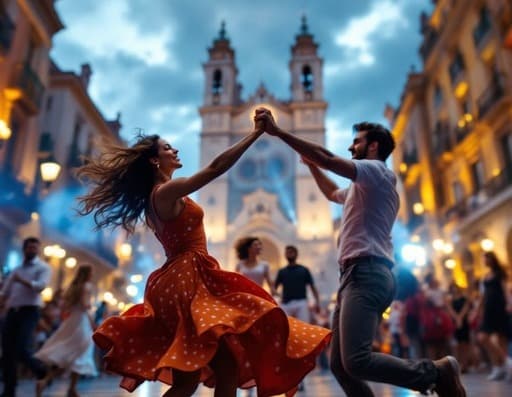 pareja bailando con energia en plaza con edificios iluminados en fiesta popular