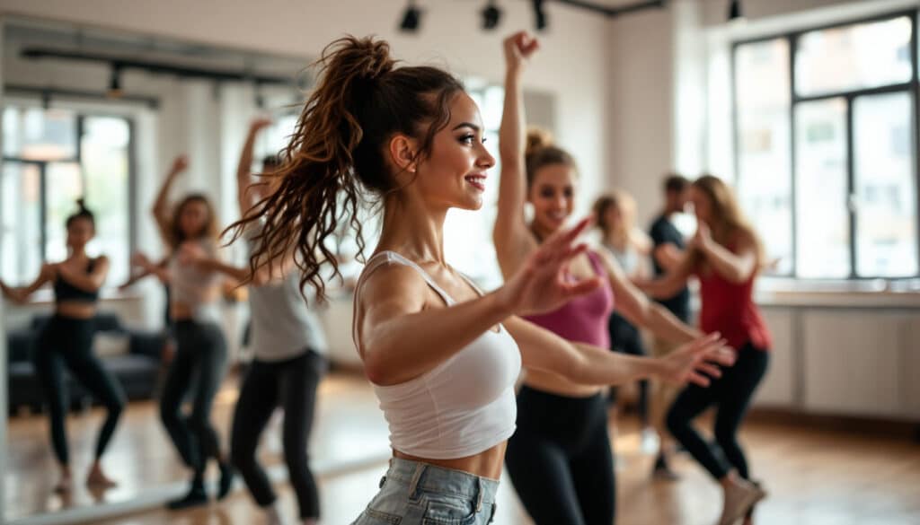 alumnas en una clase de jazz bailando