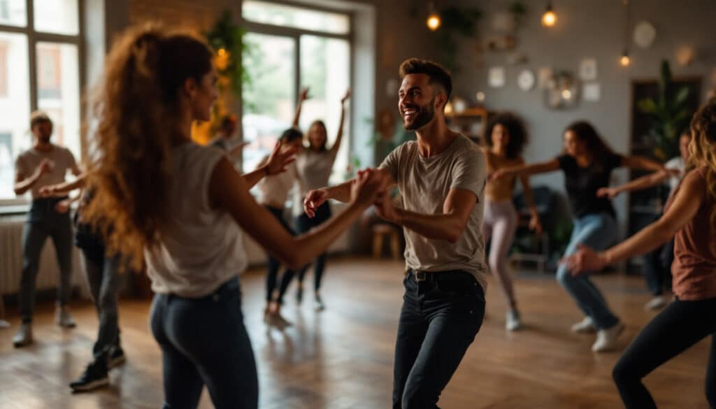 alumnos bailando jazz en pareja